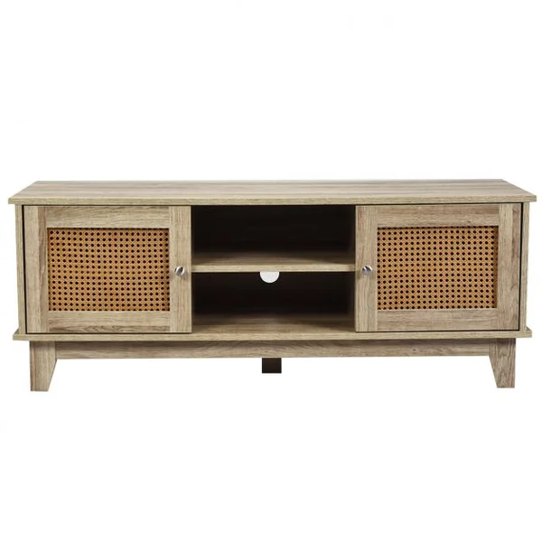 Meuble TV en Rotin avec Etagères de Rangement Réglables Structure Robuste 120x39,5x46 cm