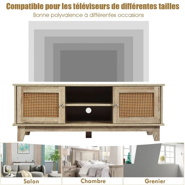 Meuble TV en Rotin avec Etagères de Rangement Réglables Structure Robuste 120x39,5x46 cm