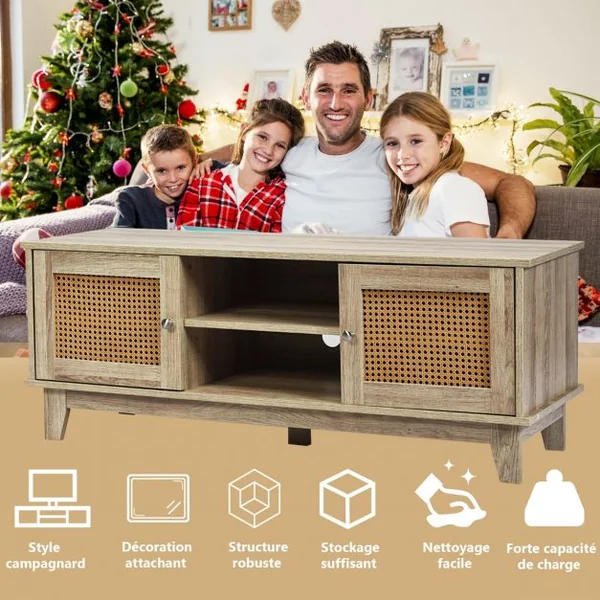 Meuble TV en Rotin avec Etagères de Rangement Réglables Structure Robuste 120x39,5x46 cm