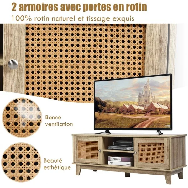 Meuble TV en Rotin avec Etagères de Rangement Réglables Structure Robuste 120x39,5x46 cm