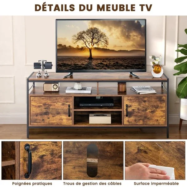 Meuble Tv Industriel Meuble Télé avce 2 Placards à Porte et 4 Compartiments Meuble pour TV jusqu'à 65 Pouces 147 x 40 x 62 cm Marron Rustique