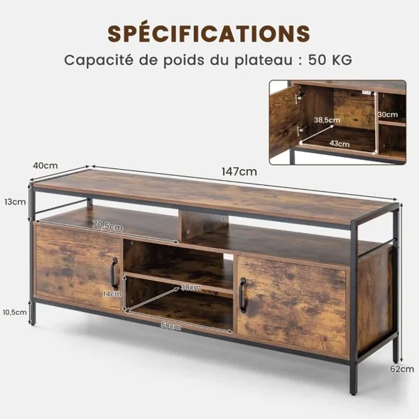 Meuble Tv Industriel Meuble Télé avce 2 Placards à Porte et 4 Compartiments Meuble pour TV jusqu'à 65 Pouces 147 x 40 x 62 cm Marron Rustique