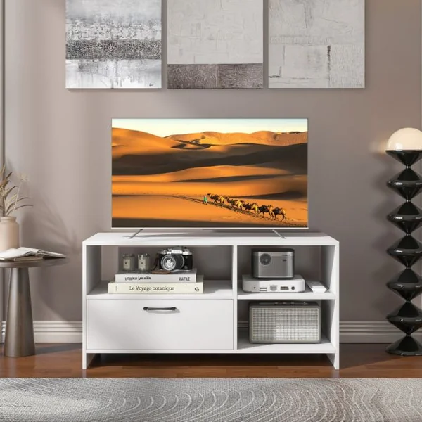 Meuble TV Meuble Télé avec Tiroir et 3 Compartiments Meuble pour TV jusqu'à 50 Pouces pour Salon Chambre Salle Blanc 104,5 x 51,5 x 52 cm Blanche