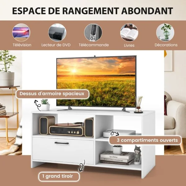 Meuble TV Meuble Télé avec Tiroir et 3 Compartiments Meuble pour TV jusqu'à 50 Pouces pour Salon Chambre Salle Blanc 104,5 x 51,5 x 52 cm Blanche