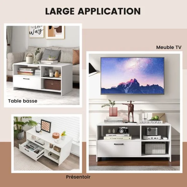 Meuble TV Meuble Télé avec Tiroir et 3 Compartiments Meuble pour TV jusqu'à 50 Pouces pour Salon Chambre Salle Blanc 104,5 x 51,5 x 52 cm Blanche