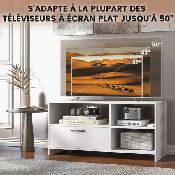 Meuble TV Meuble Télé avec Tiroir et 3 Compartiments Meuble pour TV jusqu'à 50 Pouces pour Salon Chambre Salle Blanc 104,5 x 51,5 x 52 cm Blanche