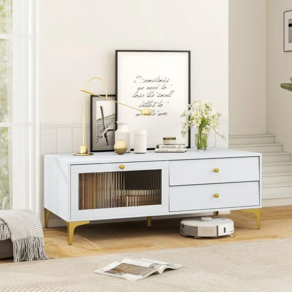 Meuble TV pour Téléviseur de 55 Pouces Console TV 47,5" avec Compartiment Tiroirs Porte en Verre Trempé Rabattable Gris Clair