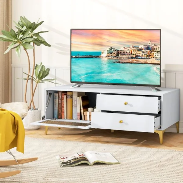 Meuble TV pour Téléviseur de 55 Pouces Console TV 47,5" avec Compartiment Tiroirs Porte en Verre Trempé Rabattable Gris Clair