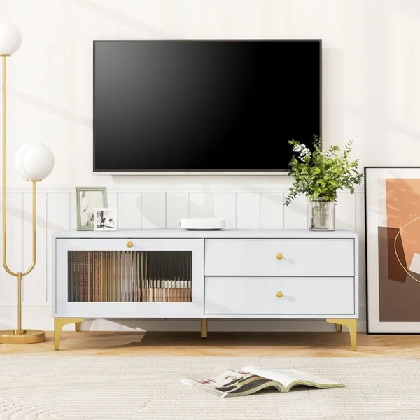 Meuble TV pour Téléviseur de 55 Pouces Console TV 47,5" avec Compartiment Tiroirs Porte en Verre Trempé Rabattable Gris Clair