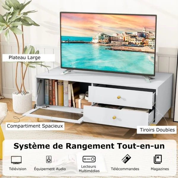 Meuble TV pour Téléviseur de 55 Pouces Console TV 47,5" avec Compartiment Tiroirs Porte en Verre Trempé Rabattable Gris Clair
