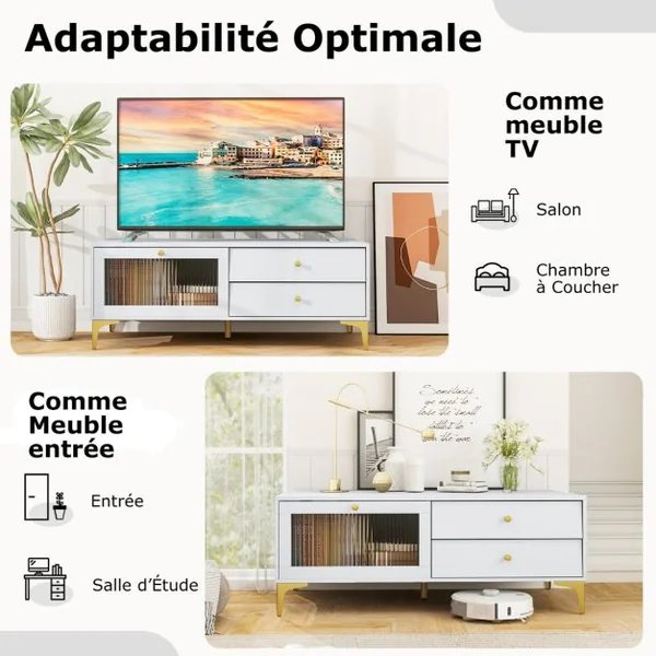 Meuble TV pour Téléviseur de 55 Pouces Console TV 47,5" avec Compartiment Tiroirs Porte en Verre Trempé Rabattable Gris Clair