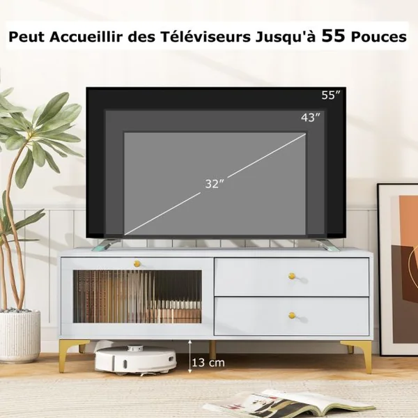 Meuble TV pour Téléviseur de 55 Pouces Console TV 47,5" avec Compartiment Tiroirs Porte en Verre Trempé Rabattable Gris Clair