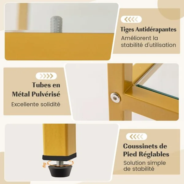 Meuble TV pour Téléviseurs Jusqu'à 65 Pouces Table Console avec un Grand Plateau et 4 Etagères en Verre Trempé Doré