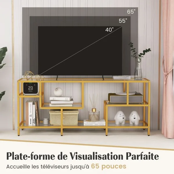 Meuble TV pour Téléviseurs Jusqu'à 65 Pouces Table Console avec un Grand Plateau et 4 Etagères en Verre Trempé Doré