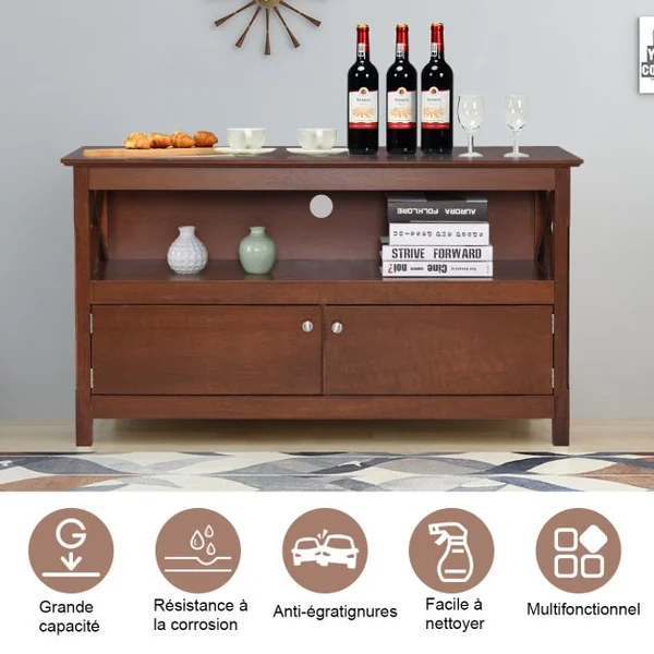 Meuble TV à 3 Niveaux avec Compartiment et Placard 2 Portes pour TV Jusqu'à 48 Pouces 112x40x61CM Charge Max 80KG Gris