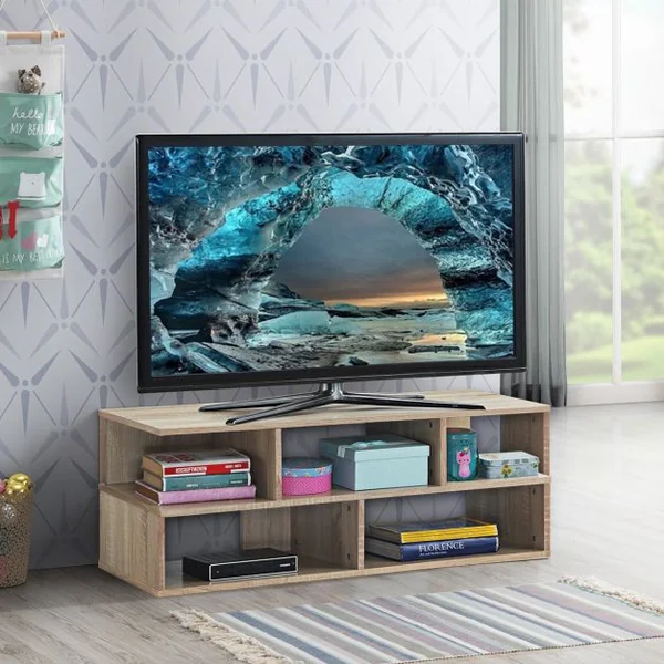 Meuble TV à 5 Compartiments de Style Moderne Étagère Basse Capacité 25 Kg en MDF 100x39x37,5cm Couleur Chêne
