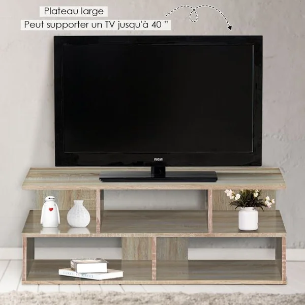 Meuble TV à 5 Compartiments de Style Moderne Étagère Basse Capacité 25 Kg en MDF 100x39x37,5cm Couleur Chêne