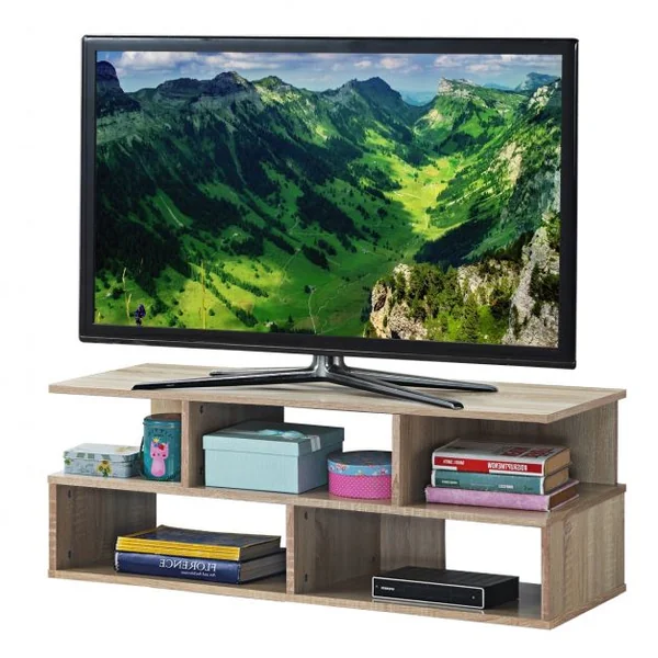 Meuble TV à 5 Compartiments de Style Moderne Étagère Basse Capacité 25 Kg en MDF 100x39x37,5cm Couleur Chêne