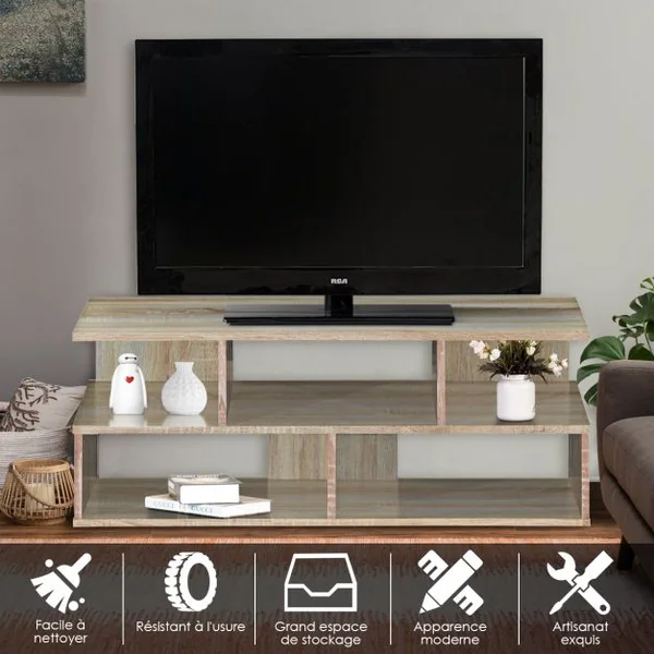 Meuble TV à 5 Compartiments de Style Moderne Étagère Basse Capacité 25 Kg en MDF 100x39x37,5cm Couleur Chêne