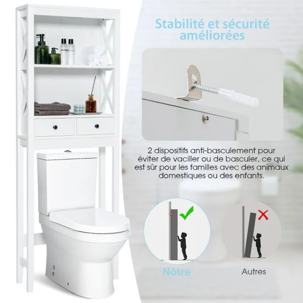 Meuble WC au-Dessus de Toilettes avec 3 Étagères et 2 Tiroirs Barre Inférieure Réglable Dispositif Anti-basculement