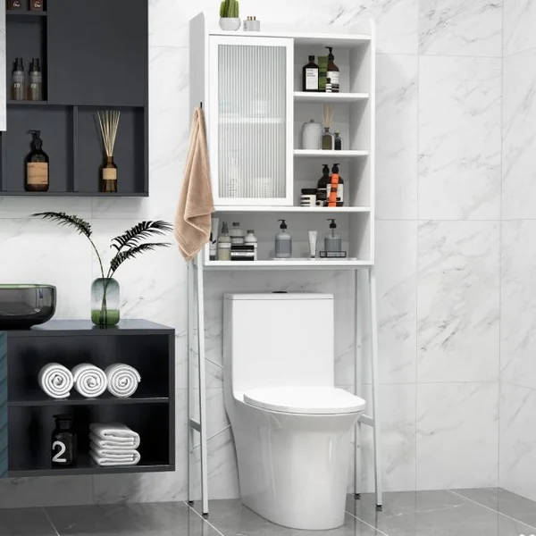 Meuble WC Au-dessus de Toilettes avec Porte Vitrée Coulissante Meuble de Rangement Industriel Cadre en Métal Étagères Réglables Blanc