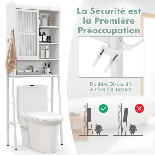 Meuble WC Au-dessus de Toilettes avec Porte Vitrée Coulissante Meuble de Rangement Industriel Cadre en Métal Étagères Réglables Blanc