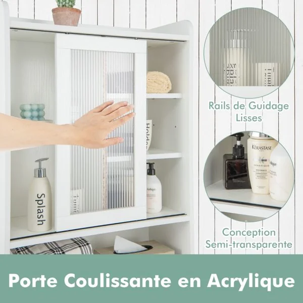 Meuble WC Au-dessus de Toilettes avec Porte Vitrée Coulissante Meuble de Rangement Industriel Cadre en Métal Étagères Réglables Blanc
