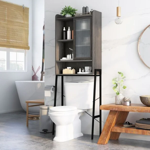Meuble WC Au-dessus de Toilettes avec Porte Vitrée Coulissante Meuble de Rangement Industriel Cadre en Métal Étagères Réglables Gris