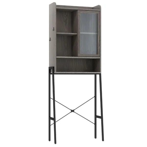 Meuble WC Au-dessus de Toilettes avec Porte Vitrée Coulissante Meuble de Rangement Industriel Cadre en Métal Étagères Réglables Gris