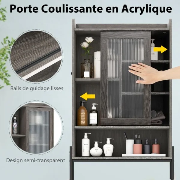 Meuble WC Au-dessus de Toilettes avec Porte Vitrée Coulissante Meuble de Rangement Industriel Cadre en Métal Étagères Réglables Gris
