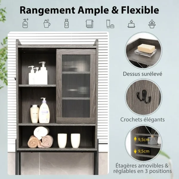 Meuble WC Au-dessus de Toilettes avec Porte Vitrée Coulissante Meuble de Rangement Industriel Cadre en Métal Étagères Réglables Gris