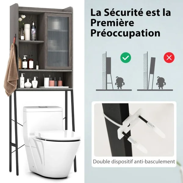 Meuble WC Au-dessus de Toilettes avec Porte Vitrée Coulissante Meuble de Rangement Industriel Cadre en Métal Étagères Réglables Gris