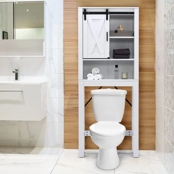 Meuble WC au-Dessus de Toilettes en Bois 3 Étagères avec Porte Coulissante pour Salle de Bain 68x22x171cm