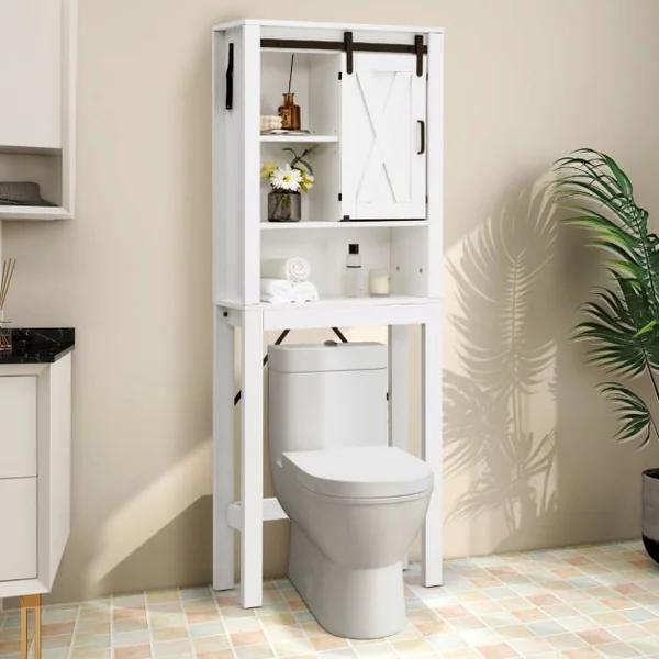 Meuble WC au-Dessus de Toilettes en Bois 3 Étagères avec Porte Coulissante pour Salle de Bain 68x22x171cm