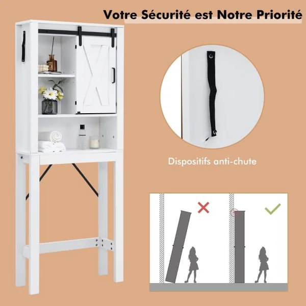 Meuble WC au-Dessus de Toilettes en Bois 3 Étagères avec Porte Coulissante pour Salle de Bain 68x22x171cm