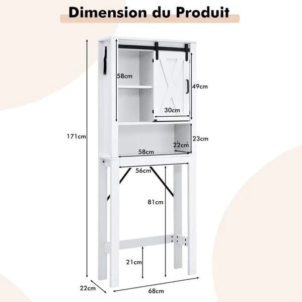 Meuble WC au-Dessus de Toilettes en Bois 3 Étagères avec Porte Coulissante pour Salle de Bain 68x22x171cm