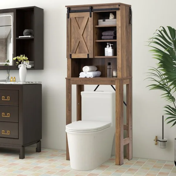 Meuble WC au-Dessus de Toilettes en Bois 4 Étagères avec Porte Coulissante pour Salle de Bain 67x25x172cm