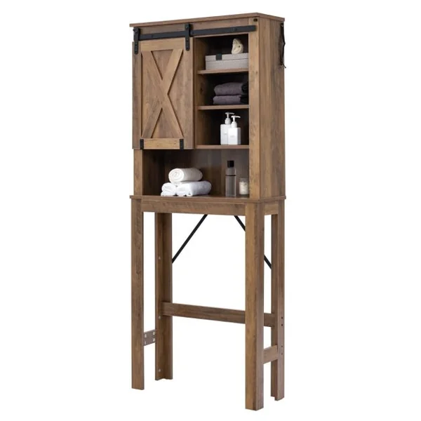 Meuble WC au-Dessus de Toilettes en Bois 4 Étagères avec Porte Coulissante pour Salle de Bain 67x25x172cm