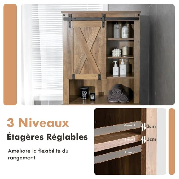 Meuble WC au-Dessus de Toilettes en Bois 4 Étagères avec Porte Coulissante pour Salle de Bain 67x25x172cm