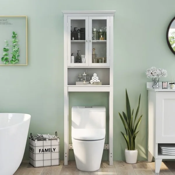 Meuble WC au-Dessus de Toilettes en Bois avec 2 Portes en Verre Trempé et Étagère Réglable 60 x 30 x 173 cm Blanc