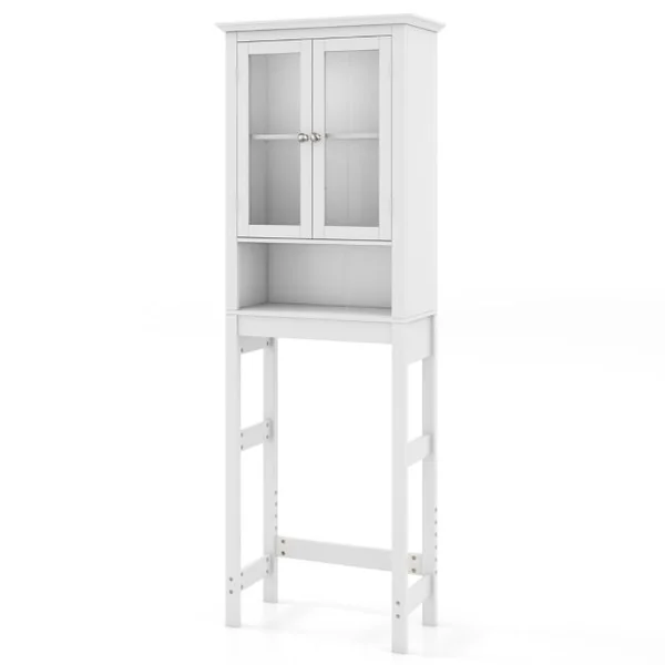 Meuble WC au-Dessus de Toilettes en Bois avec 2 Portes en Verre Trempé et Étagère Réglable 60 x 30 x 173 cm Blanc