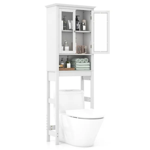 Meuble WC au-Dessus de Toilettes en Bois avec 2 Portes en Verre Trempé et Étagère Réglable 60 x 30 x 173 cm Blanc