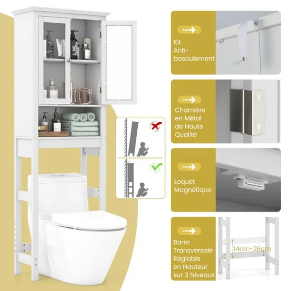 Meuble WC au-Dessus de Toilettes en Bois avec 2 Portes en Verre Trempé et Étagère Réglable 60 x 30 x 173 cm Blanc