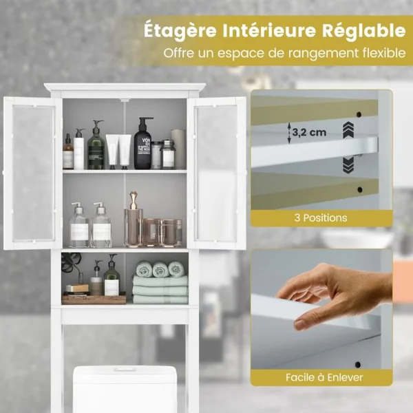Meuble WC au-Dessus de Toilettes en Bois avec 2 Portes en Verre Trempé et Étagère Réglable 60 x 30 x 173 cm Blanc