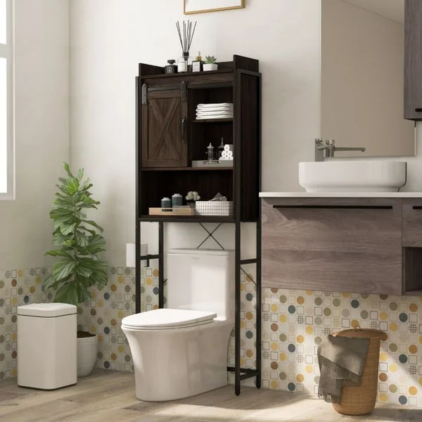 Meuble WC au-Dessus des Toilettes Meuble de Rangement de Salle de Bain à 4 Niveaux avec Étagère Réglable Porte-Papier Style Industriel Brun foncé
