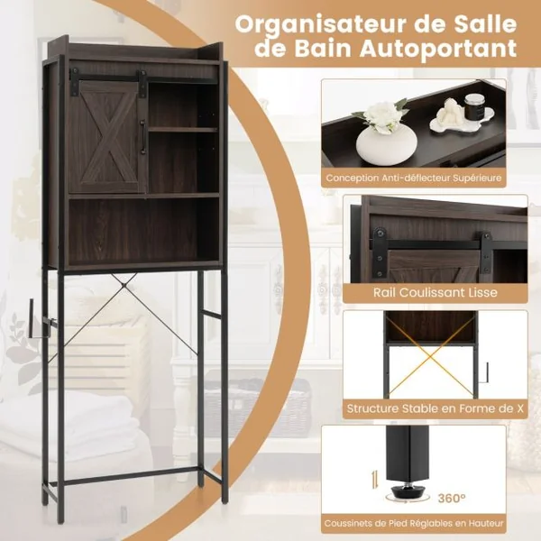 Meuble WC au-Dessus des Toilettes Meuble de Rangement de Salle de Bain à 4 Niveaux avec Étagère Réglable Porte-Papier Style Industriel Brun foncé