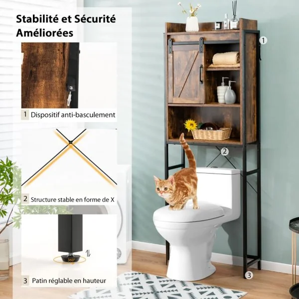 Meuble WC au-Dessus des Toilettes Rangement de Salle de Bain à 4 Niveaux avec Étagère Réglable et 1 Porte Café