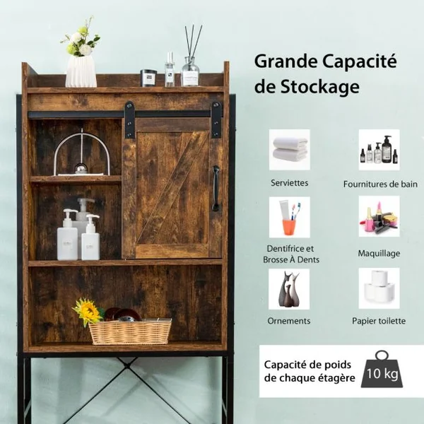 Meuble WC au-Dessus des Toilettes Rangement de Salle de Bain à 4 Niveaux avec Étagère Réglable et 1 Porte Café