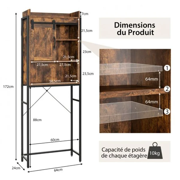 Meuble WC au-Dessus des Toilettes Rangement de Salle de Bain à 4 Niveaux avec Étagère Réglable et 1 Porte Café
