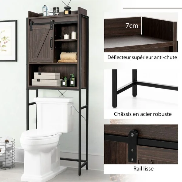 Meuble WC au-Dessus des Toilettes Rangement de Salle de Bain à 4 Niveaux avec Étagère Réglable et 1 Porte Marron